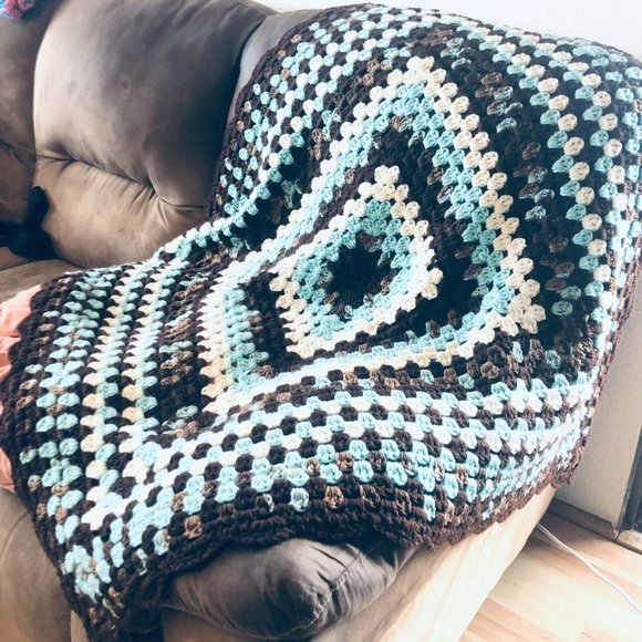 Handmade Other - Handmade Teal Brown Traditional Square Crochet Afghan Size 39X39
